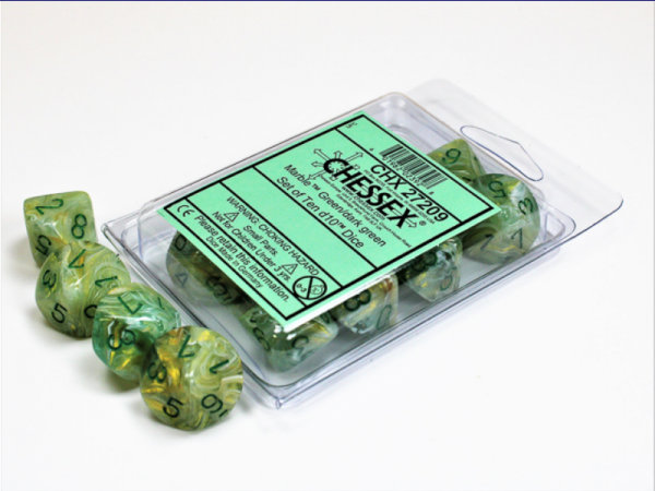 Chessex Dice Sets: Menagerie #8 Green/Dark Green Marble Poly d10 Set (10)