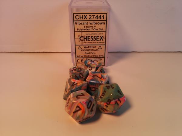 Chessex RPG Dice Sets: Menagerie #8 Vibrant/Brown Festive Polyhedral 7-Die Set [MFG OOP]