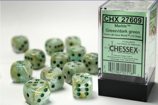 Chessex Dice Sets: Menagerie #8 Green/Dark Green Marble 16mm d6 (12)