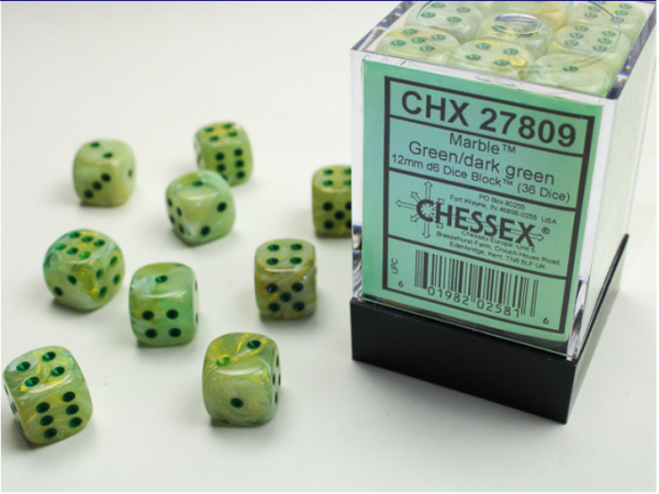 Chessex Dice Sets: Menagerie #8 Green/Dark Green Marble 12mm d6 (36)