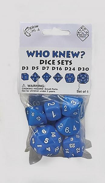 Who Knew? Blue w/White Dice Set [d3, d5, d7, d16, d24, d30]