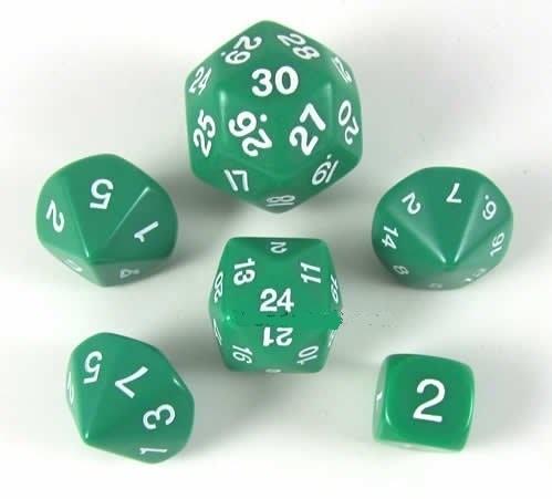 Who Knew? Green w/White Dice Set [d3, d5, d7, d16, d24, d30]