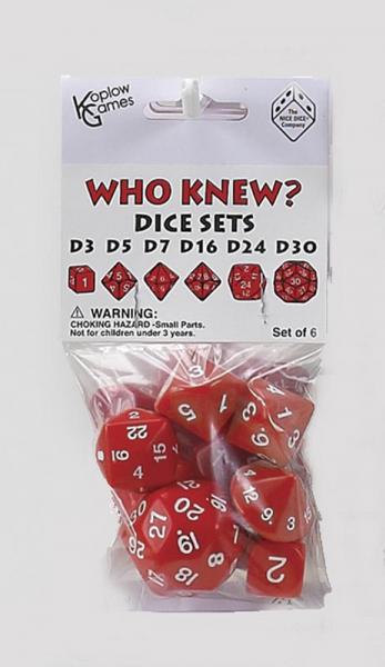 Who Knew? Red w/White Dice Set [d3, d5, d7, d16, d24, d30]