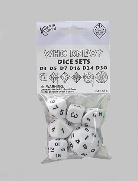 Who Knew? White w/Black Dice Set [d3, d5, d7, d16, d24, d30]