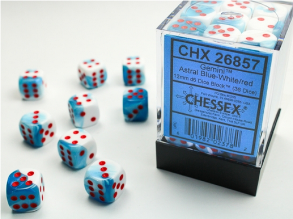 Gemini Astral Blue-White/red 12mm d6 Dice Block (36 dice)