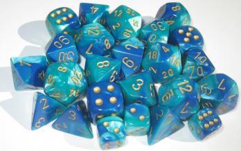 Chessex RPG Dice Sets: Gemini # 7 Blue-Teal/gold Polyhedral 7-Die Set