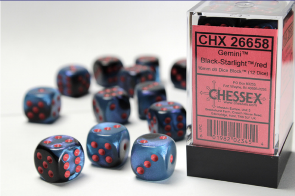 Chessex Dice Sets: Gemini # 7 16mm d6 Black-Starlight/red (12)