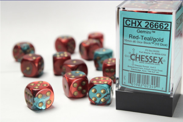 Chessex Dice Sets: Gemini # 7 16mm d6 Red-Teal/gold (12)