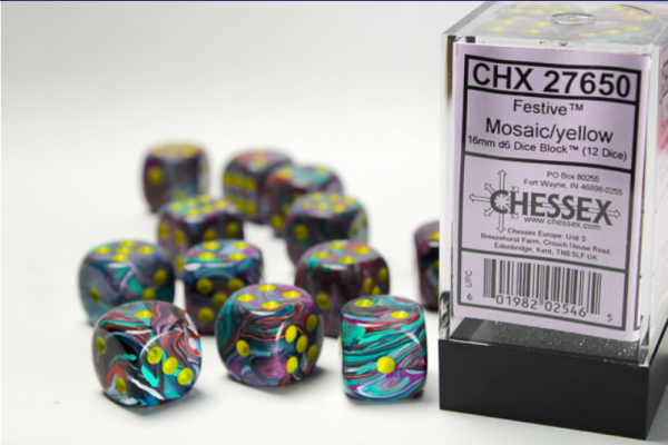 Dice Sets: Festive Mosaic/Yellow 16mm d6 Dice Block (12)