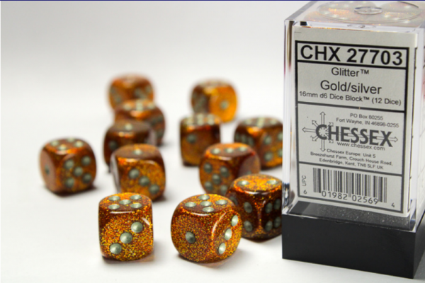 Dice Sets: Glitter Gold/Silver 16mm d6 Dice Block (12)