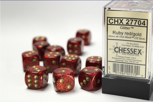 Dice Sets: Glitter Ruby/Gold 16mm d6 Dice Block (12)