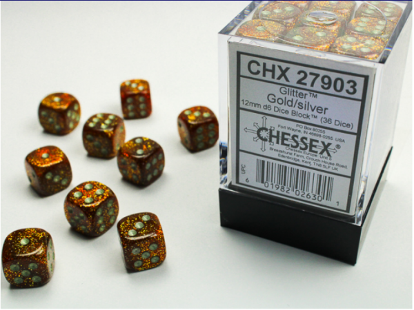Dice Sets: Glitter Gold/Silver 12mm d6 Dice Block (36)