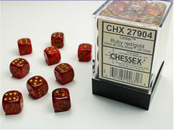 Dice Sets: Glitter Ruby/Gold 12mm d6 Dice Block (36)