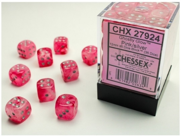 Dice Sets: Ghostly Glow Pink/Silver 12mm d6 Dice Block (36)