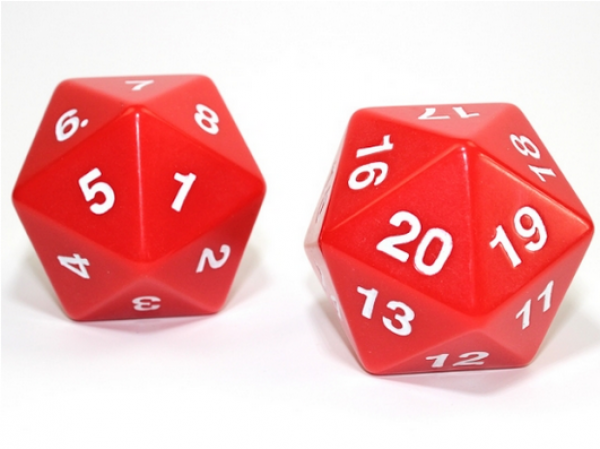 Chessex: 55mm Jumbo d20 Opaque Red w/white countdown die (1)