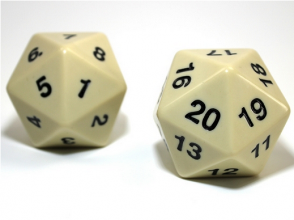 Chessex: 55mm Jumbo d20 Opaque Ivory w/black Countdown die (1)