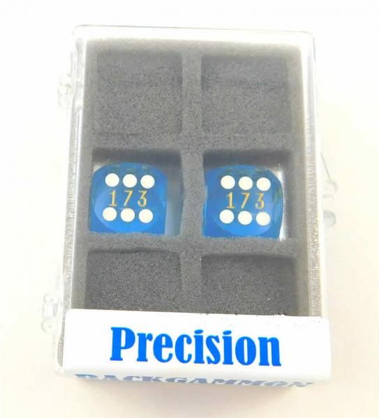 Blue Transparent D6 Precision Backgammon Dice w/White Pips (1 pair, 16mm)