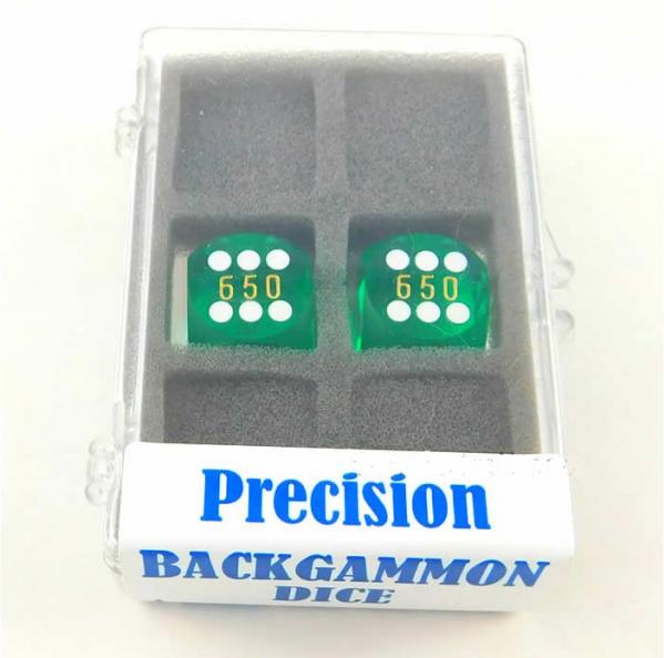 Green Transparent D6 Precision Backgammon Dice w/White Pips (1 pair, 16mm)
