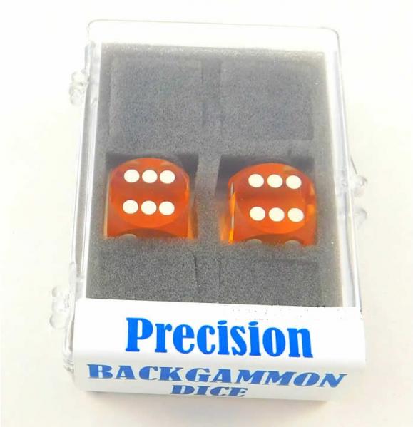 Yellow Transparent D6 Precision Backgammon Dice w/White Pips (1 pair, 16mm)