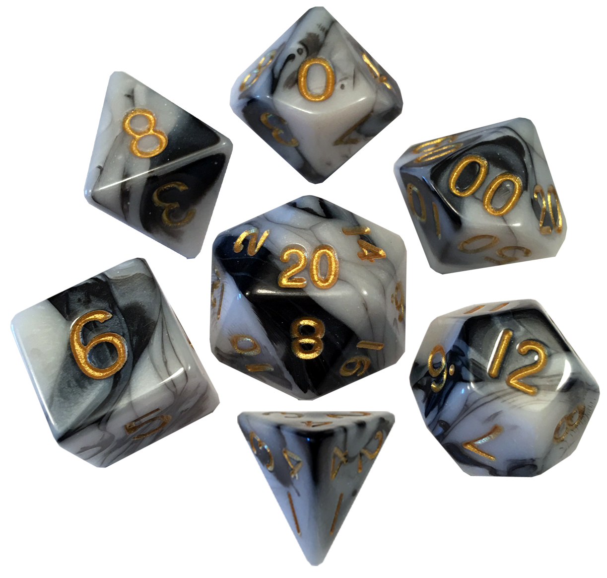16mm Acrylic Poly Dice Set - Marble with Gold Numbers