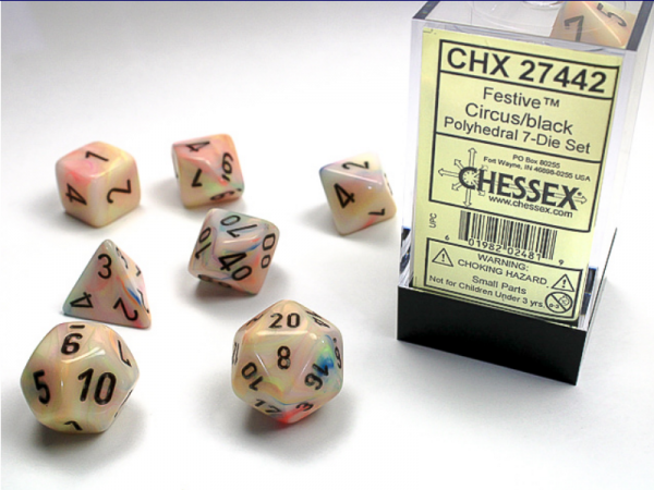 Chessex RPG Dice Sets: Circus/Black Festive Polyhedral 7-Die Set