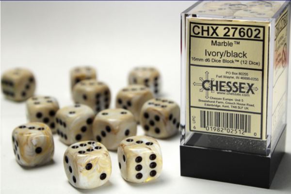 Chessex Dice Sets: Ivory/Black Marbleized 16mm d6 (12)