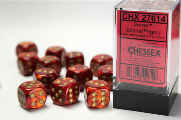 Chessex Dice Sets: Scarlet/Gold Scarab 16mm d6 (12)