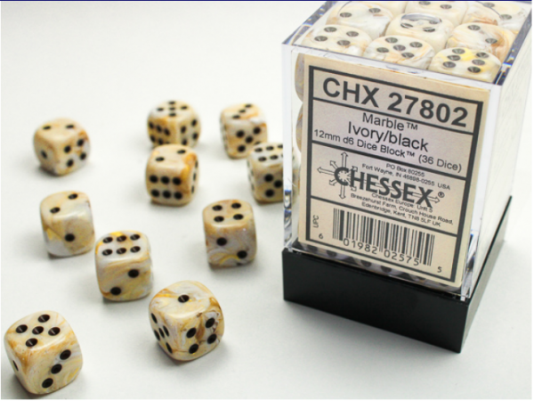 Chessex Dice Sets: Ivory/Black Marbleized 12mm d6 (36)