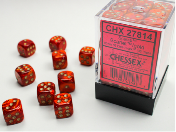 Chessex Dice Sets: Scarlet/Gold Scarab 12mm d6 (36)