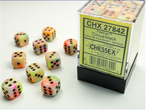 Chessex Dice Sets: Circus/Black Festive 12mm d6 (36)