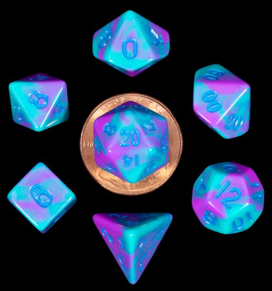 Mini Polyhedral Dice Set: Purple/Teal with Blue Numbers