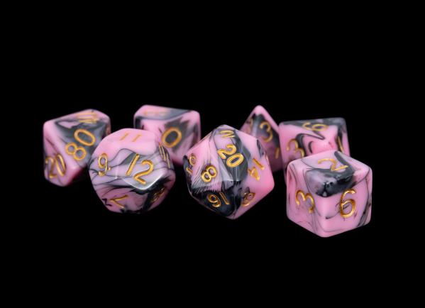 Acrylic Dice Set: 16mm Pink/Black with Gold Numbers