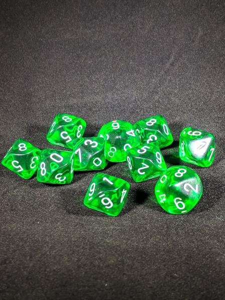 Dice Sets: Green/White Translucent d10 Set (10)