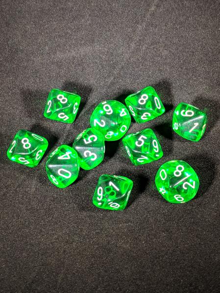 Dice Sets: Green/White Translucent d10 Set (10)