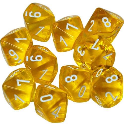 Dice Sets: Yellow w/white numbers Translucent d10 Set (10)
