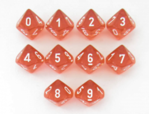 Dice Sets: Orange w/white numbers Translucent d10 Set (10)