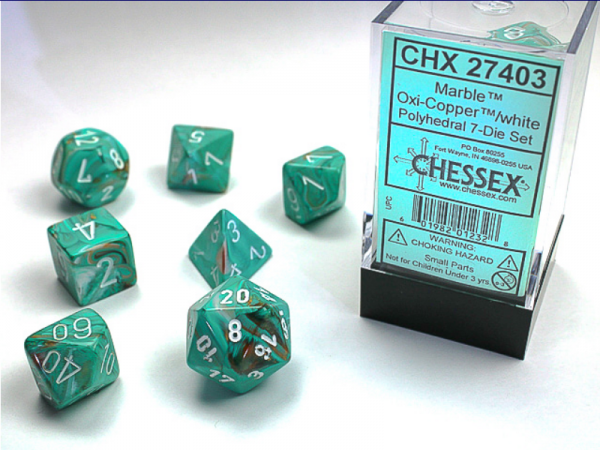 Chessex Dice Sets: Menagerie #10 - Marble Oxi-Copper w/white Polyhedral Dice Set (7)