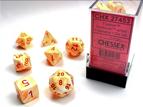 Chessex Dice Sets: Menagerie #10 - Festive Sunburst w/red Polyhedral Dice Set (7)