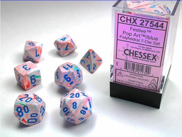 Chessex Dice Sets: Menagerie #10 - Festive Pop-Art w/blue Polyhedral Dice Set (7)