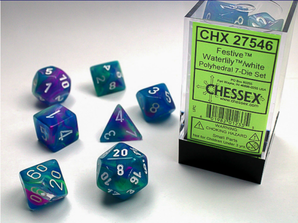 Chessex Dice Sets: Menagerie #10 - Festive Waterlily w/white Polyhedral Dice Set (7)