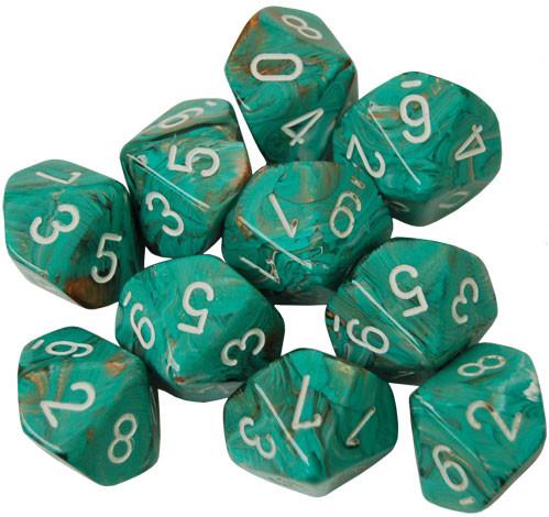 Chessex Dice Sets: Menagerie #10 - Marble Oxi-Copper w/white d10 Set (10)