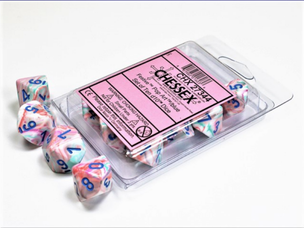 Chessex Dice Sets: Menagerie #10 - Festive Pop-Art w/blue d10 Set (10)