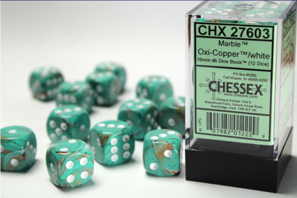 Chessex Dice Sets: Menagerie #10 - Marble Oxi-Copper w/white 16mm d6 Dice Block (12)