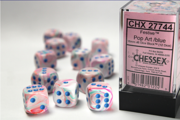 Chessex Dice Sets: Menagerie #10 - Festive Pop-Art w/blue 16mm d6 Dice Block (12)