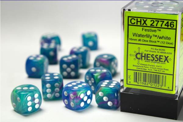Chessex Dice Sets: Menagerie #10 - Festive Waterlily w/white 16mm d6 Dice Block (12)