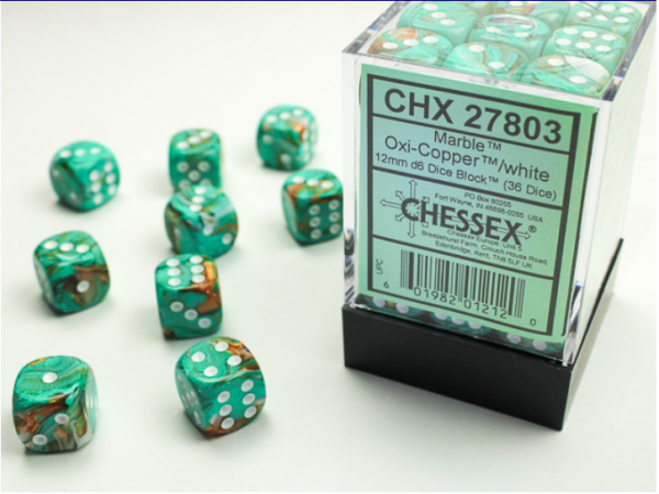 Chessex Dice Sets: Menagerie #10 - Marble Oxi-Copper w/white 12mm d6 Dice Block (36)