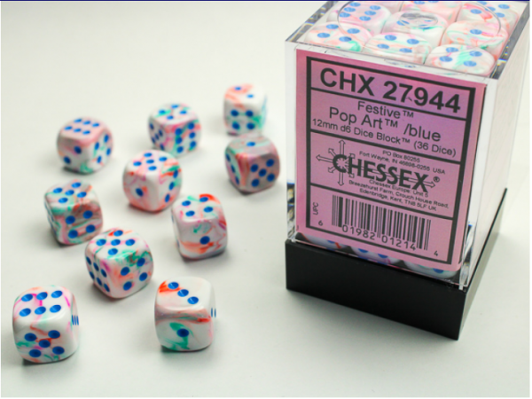 Chessex Dice Sets: Menagerie #10 - Festive Pop-Art w/blue 12mm d6 Dice Block (36)