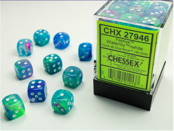 Chessex Dice Sets: Menagerie #10 - Festive Waterlily w/white 12mm d6 Dice Block (36)