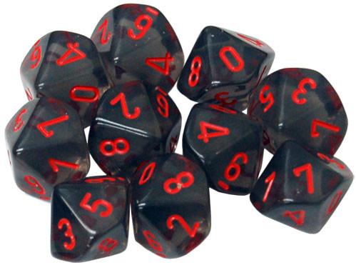 Dice Sets: Smoke w/red numbers Translucent d10 Set (10)