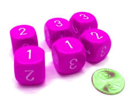 Chessex Dice Sets: Opaque 16mm d3 (d6 w/1-2-3 twice) Pink/white